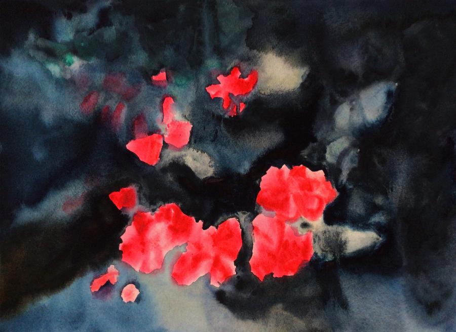 A watercolor and casein painting of a red flower and dark background